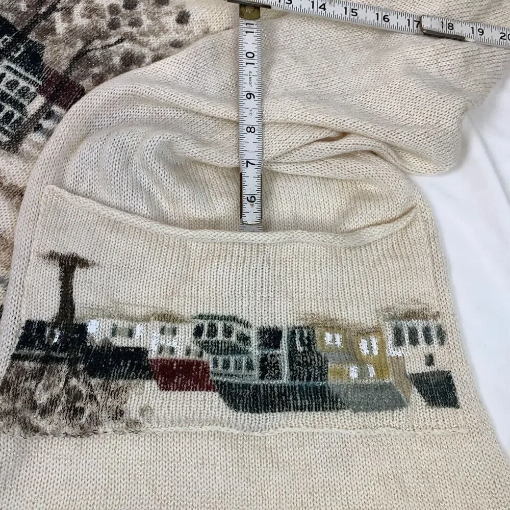 Anthropologie Hani Min Hand Painted Merino Wool Scarf Winter Visit Village Scene